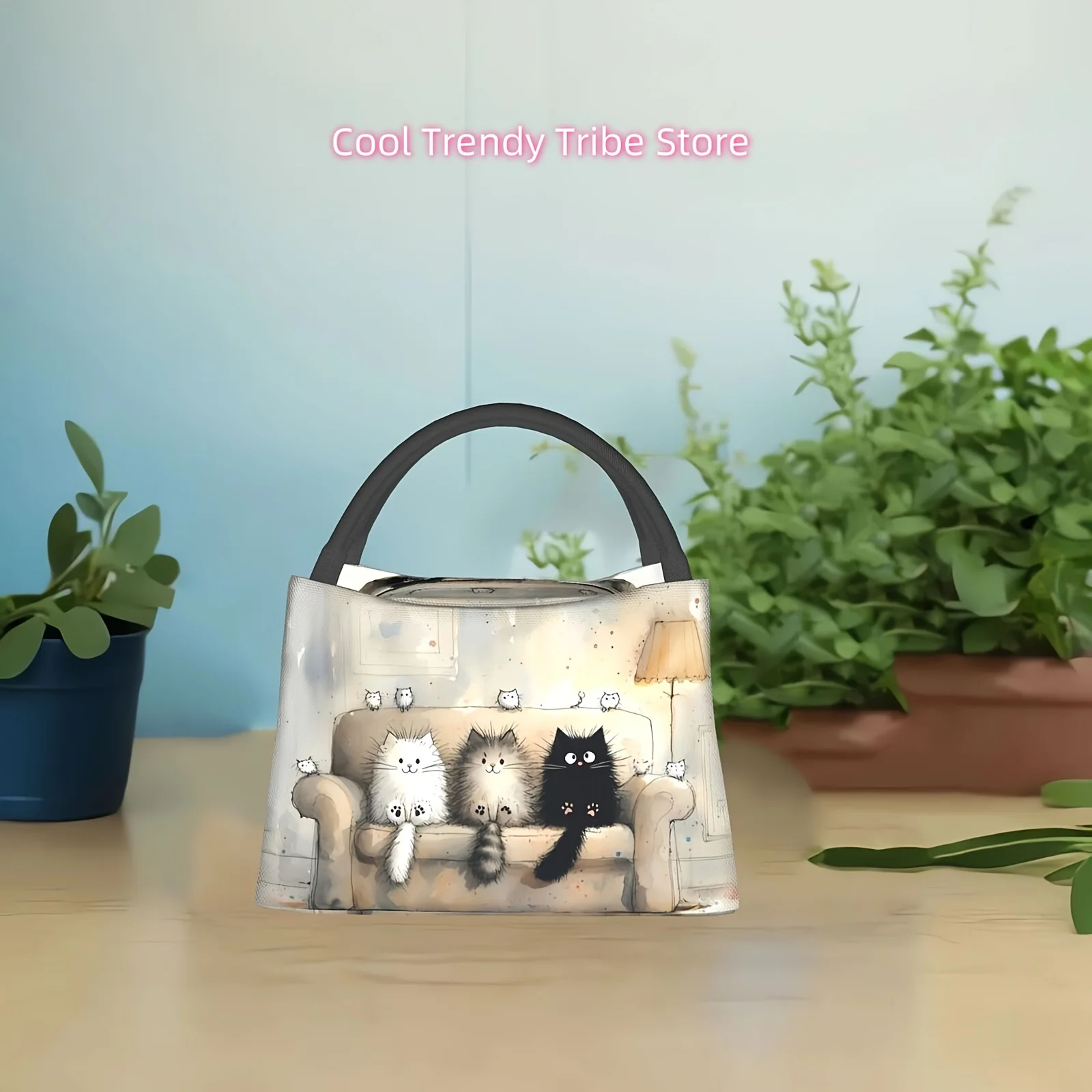 Adorable Feline Design Insulated Lunch Tote - Rectangular Polyester Bag Featuring an Animal Motif, Easy to Clean by Hand, Portab