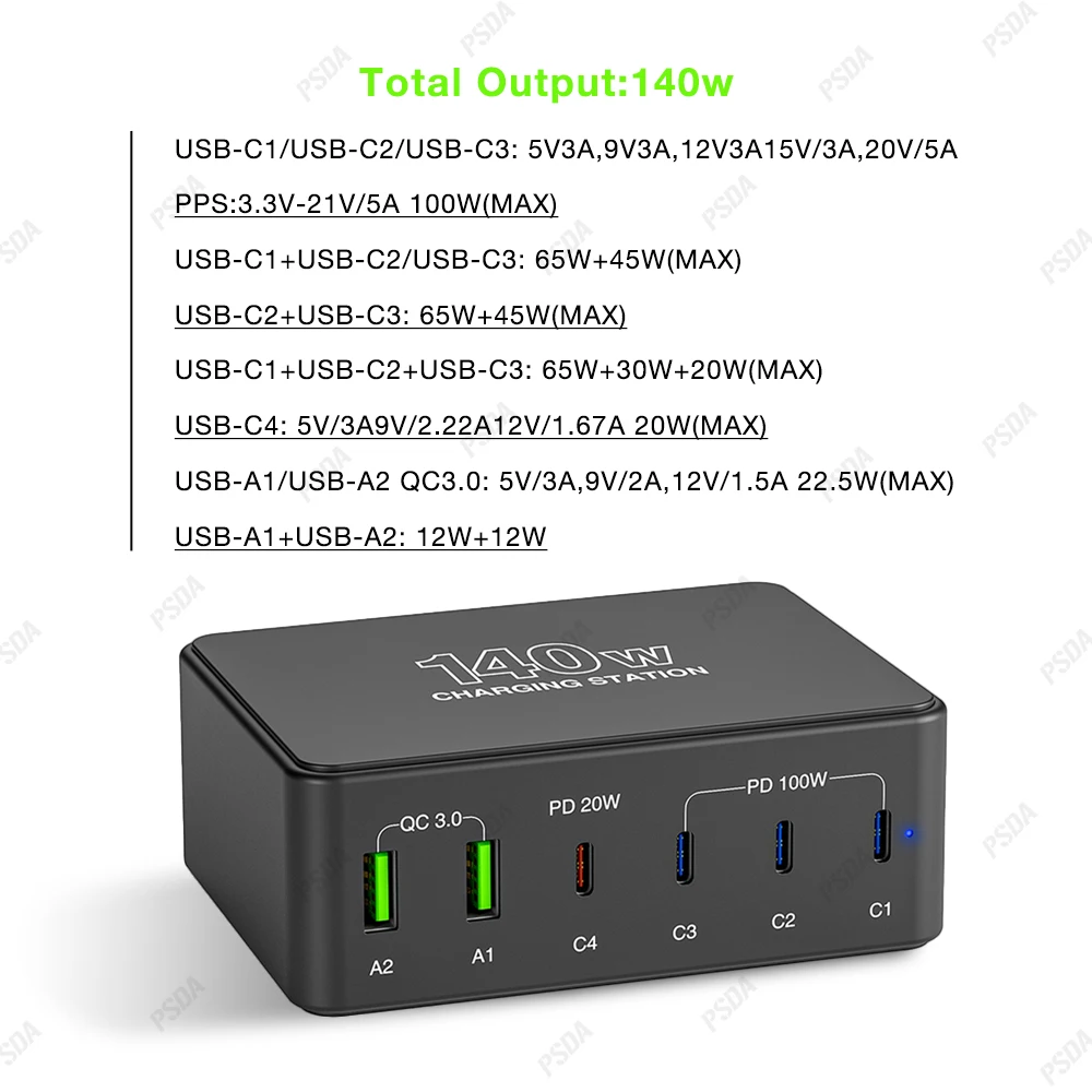 PSDA 140W 6-Port Desktop USB Charging Station USB C QC3.0 PD 100W Fast Charger for MacBook iPhone Samsung Xiaomi HUAWEI