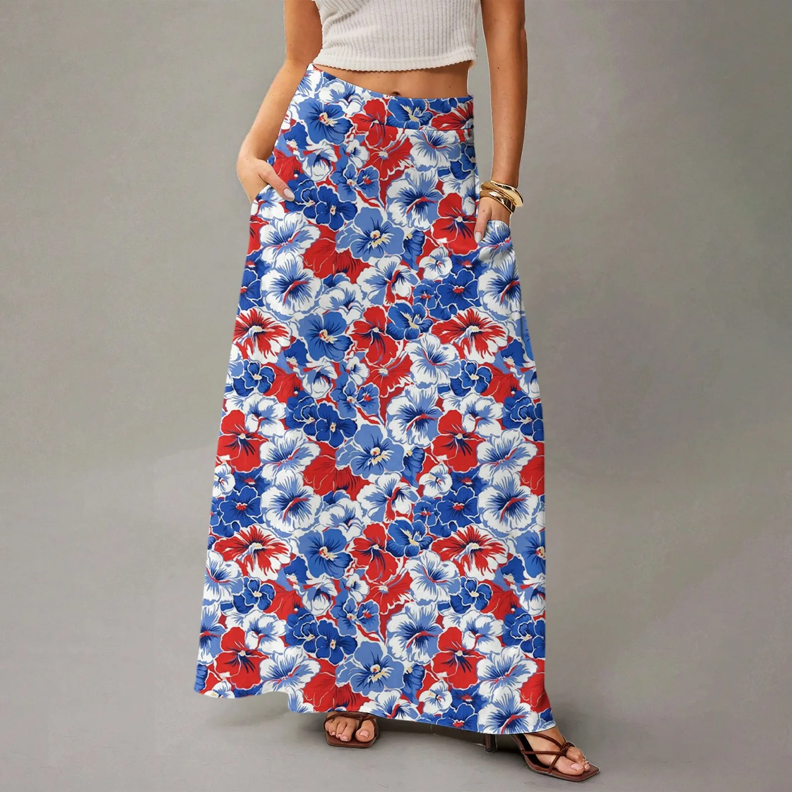 여성 캐주얼 플라워 프린트 맥시 스커트 코튼 린넨 소재 통기성 포켓 스커트 Famale Retro Country Style Skirts