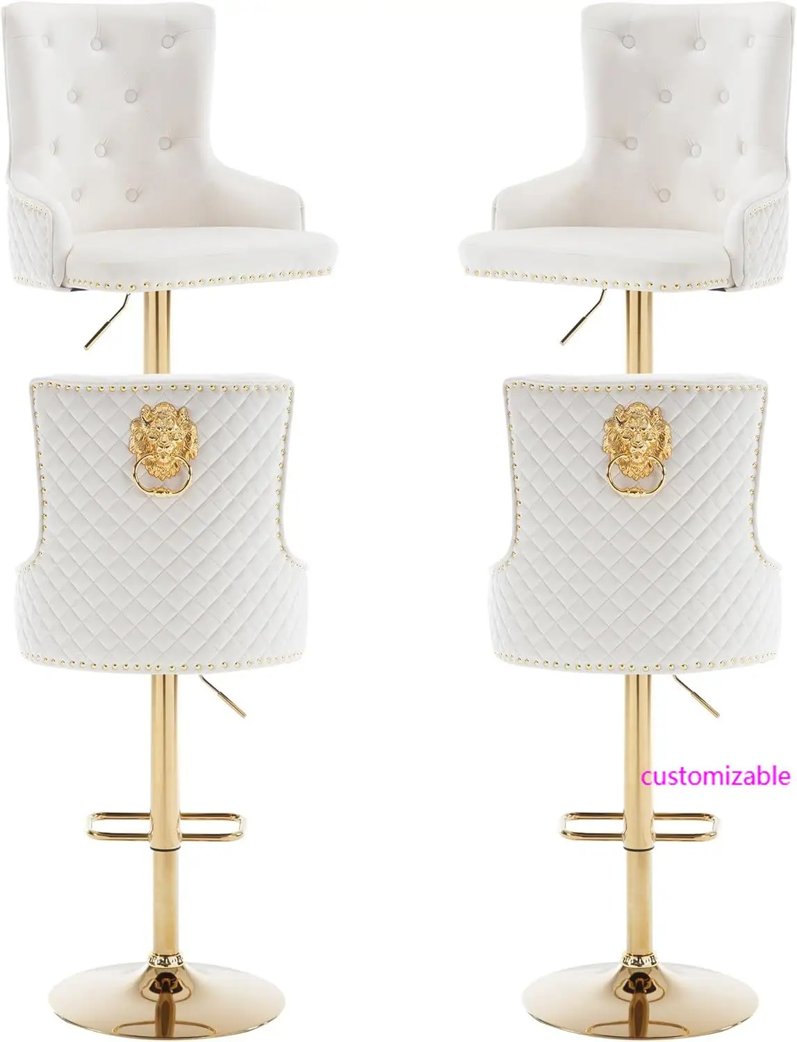 Bar Stool Set of 4 Golden Lion Pull Ring Swivel Chair for Kitchen Counter Nailhead Upholstered Barstools Height Adjustable