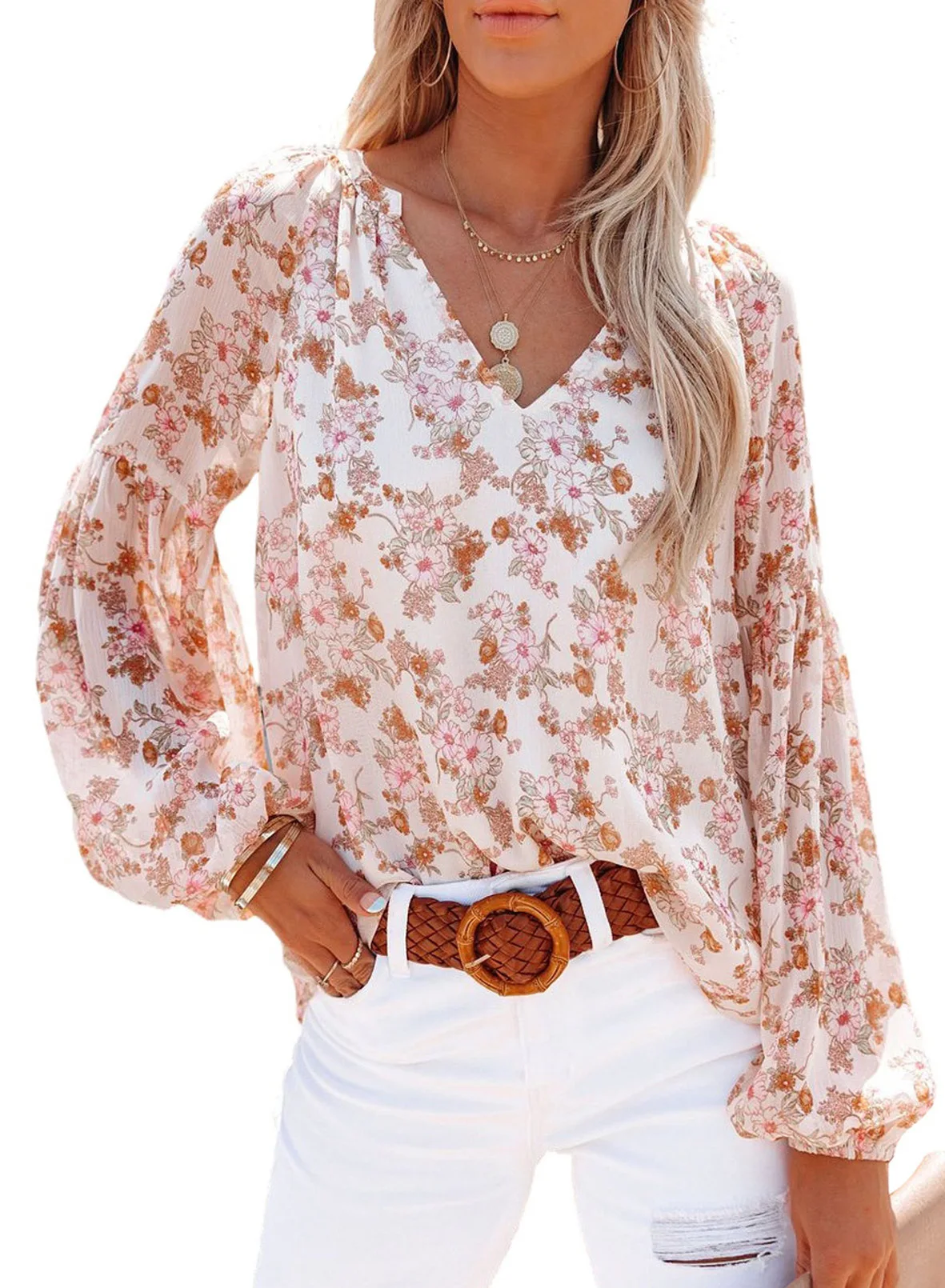 woman's Shirts Superior Quality spring/summer Lantern Sleeve Chiffon Floral Print Ladies Tops Shirt Dropshipping DGBYJ99154