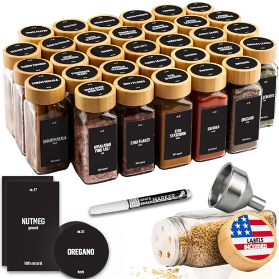 

Glass Spice Jars with Bamboo lids [LABELS incl] Spice Containers with Labels, Funnel and Chalk Marker - Empty Herb Seasoning Co