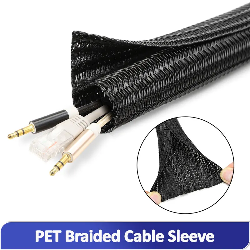 2-10M Black Self-Closed Cable Sleeve 3mm-50mm PET Braided Expandable Auto Line Protection Loom Split Sheath Wire Wrap Organizer