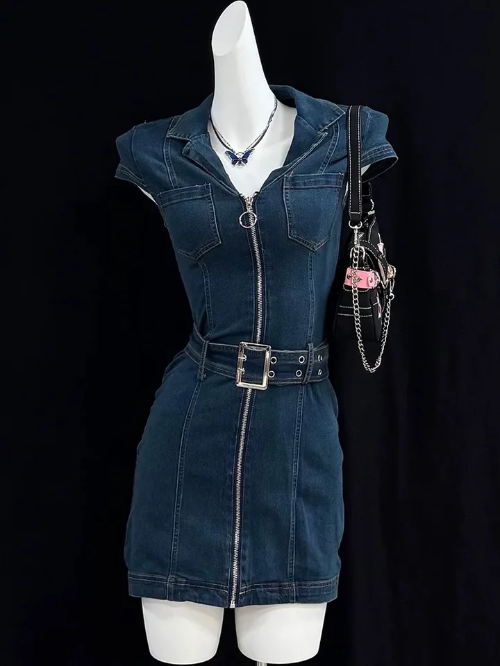 y2k denim dress Summer Style Blue Slim Waist - Blue Our store provides within 30 days Free Return and Refund serviceComplete product SHEIN EZwear V-Neck Halter Tie