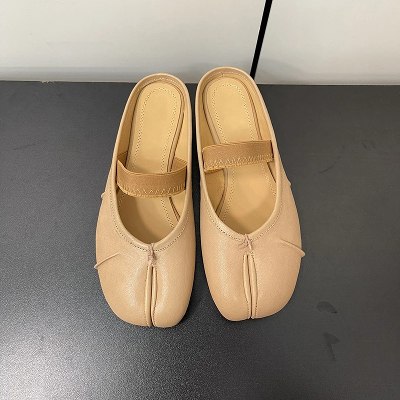 2025 New Women's Genuine Leather Split Toe Mules, Flat Mary Jane Backless Slippers, Fashion Tabi Tabio Shoes for Daily Outfit
