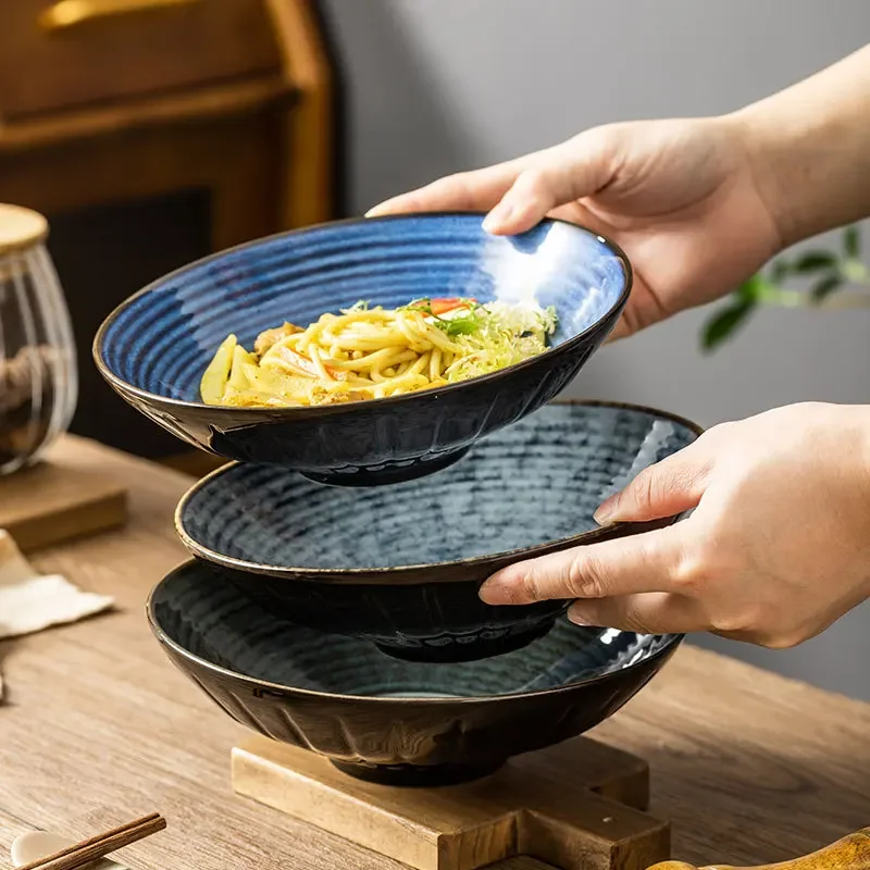 Japanese retro ceramic ramen bowl Stripes high appearance level Cooking bowl Large caliber salad bowl
