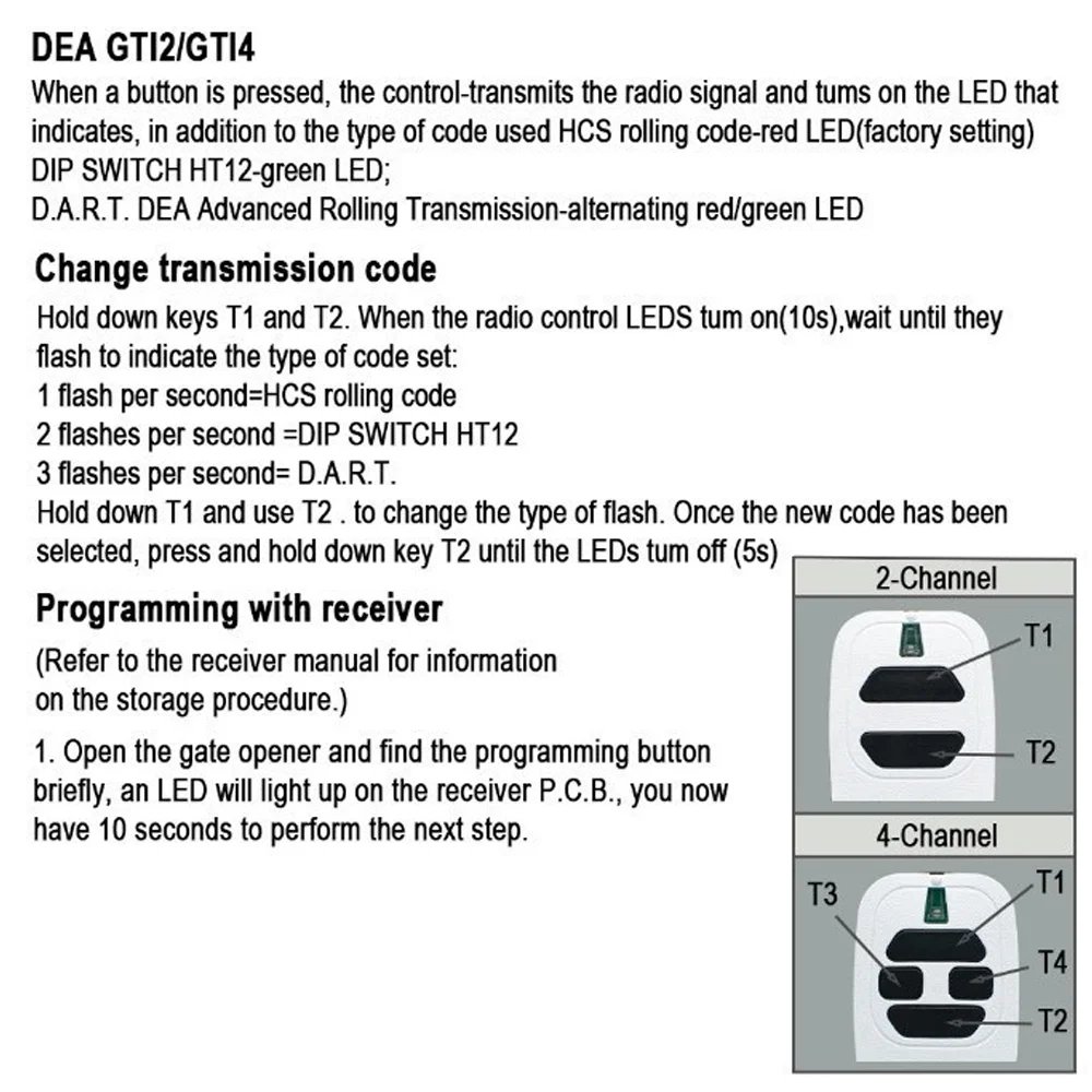 DEA 433MHz 리모컨 (DEA GT2, GT4, GTI2N, GTI4N, MIO TR2, TR4 차고문 개폐기용) 롤링 코드 433.92MHz