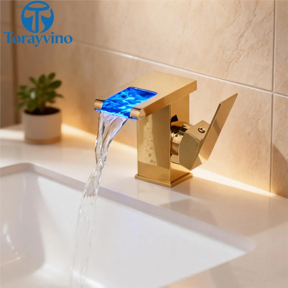 Torayvino LED Bathroom Basin Faucet Deck Mounted Single Handle Hot And Cold Waterfall Powered Water Outlet Sink Mixer Tap