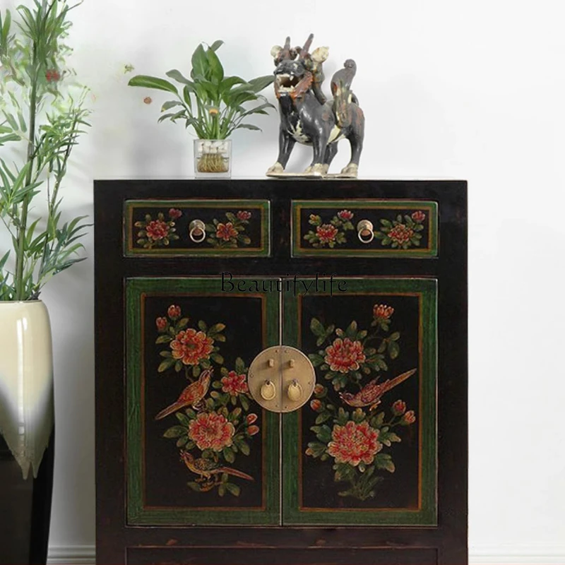 

1New Chinese classical old hand-painted shoe cabinet foyer entrance storage solid wood edge cabinet