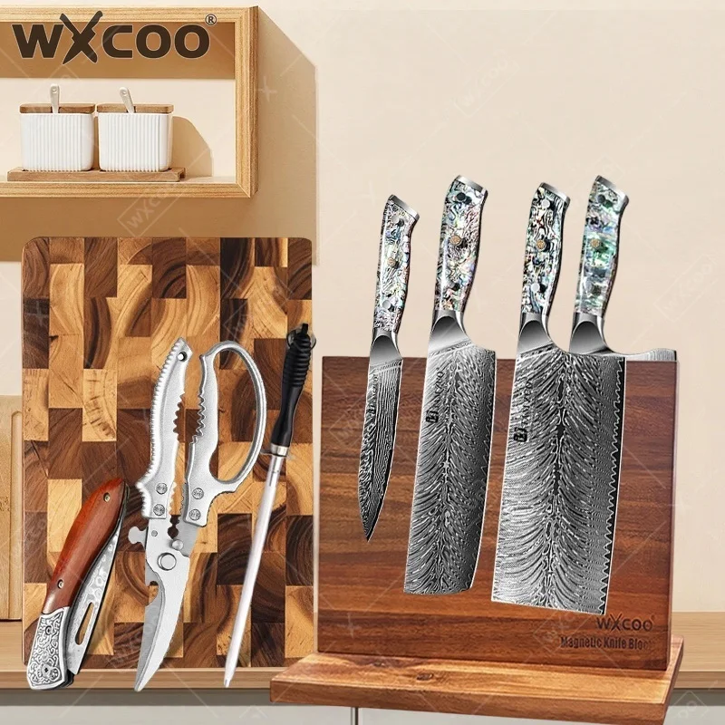 WXCOO Damascus Steel Kitchen Knife Set Japanese Knife Professional Fruit Peeling Utility Knife with Acacia Wooden Cutting Board