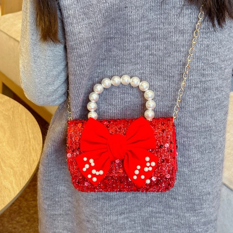 

Маленькие квадратные сумки на плечо с милым бантом для девочек, детский кошелек с блестками, сумки с жемчужной ручкой, детские сумки через плечо, рождественский подарок