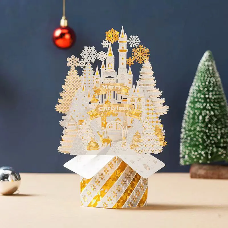 Christmas 3D Greeting Card Creative Paper Carving Festival Decoration Decorative Ornaments Gold Plated Town 3D Blessing Card