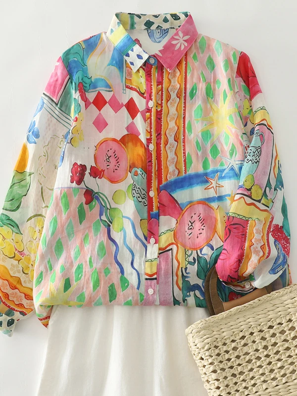 Retro Casual Printed Long Sleeve Shirt Women's Versatile Autumn Fashion Artistic Style Loose Fit Breathable Cotton Polyester ...