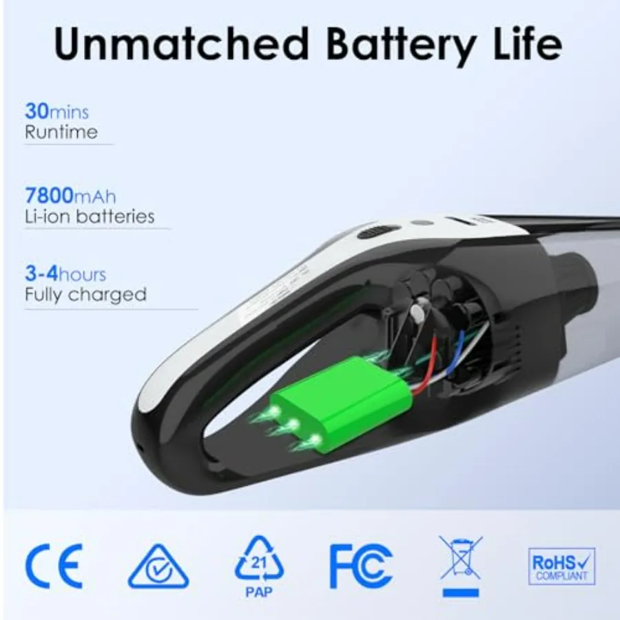 مكنسة كهربائية محمولة للسيارة لاسلكية بقوة شفط 10000 باسكال ومحرك بدون فرشاة 120 وات مصباح LED متعدد الفوهات لفعال