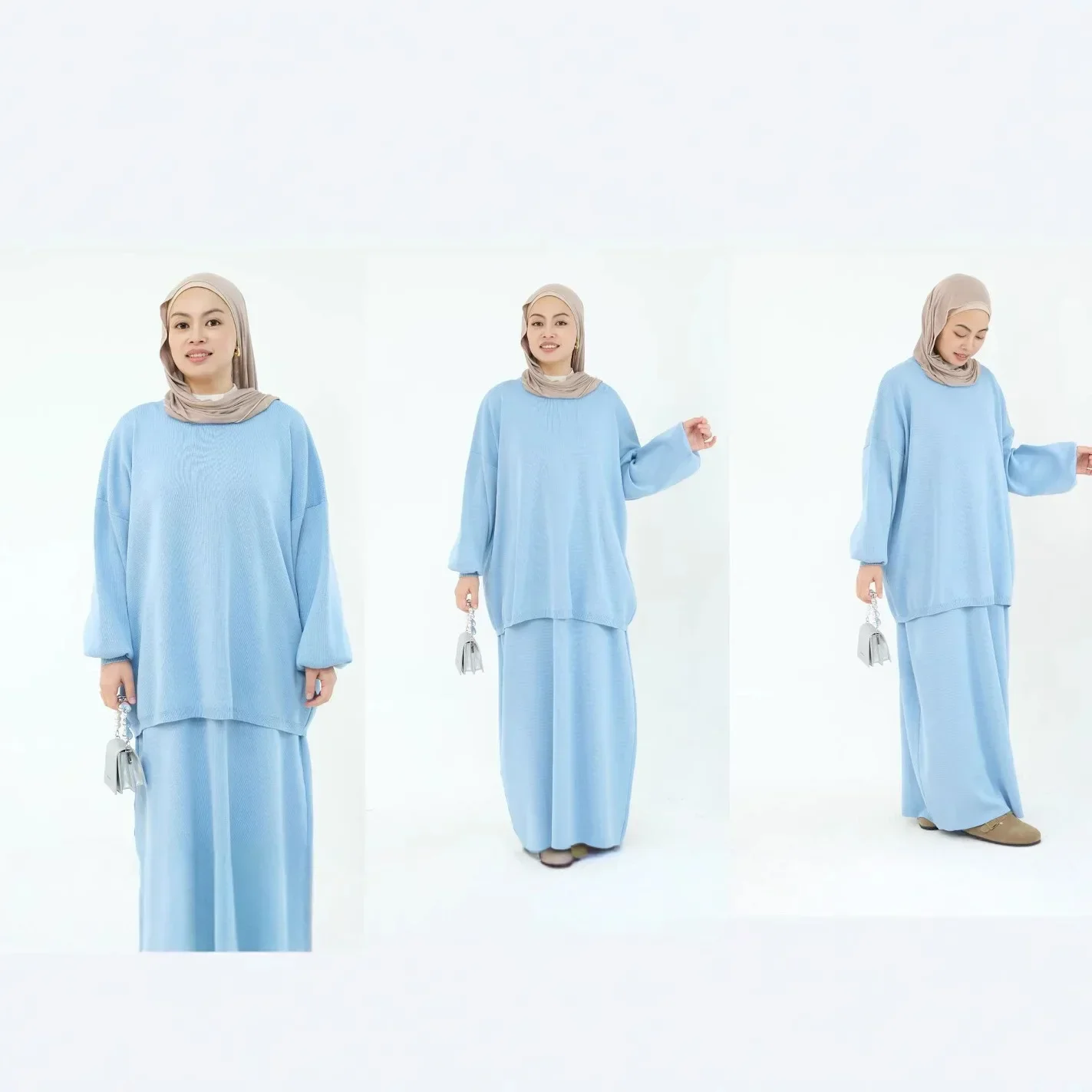 Ensemble deux pièces jupes tricotées de couleur unie pour femmes musulmanes, pull tricoté, jupe, vêtements islamiques, tenues Streetwear tendance, hiver