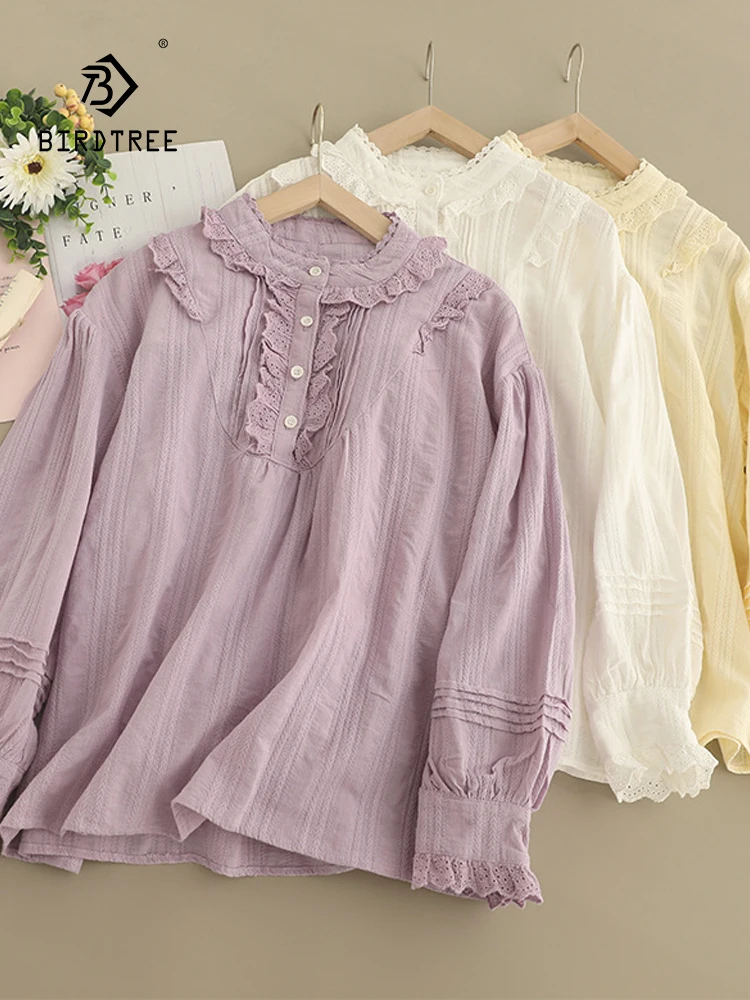 

New Summer Cotton Long Sleeve Shirt O Neck Embroidery Tops Mori Girl Sweet Ruffled Edge Casual Loose Blouse 2024 Autumn T46245QC