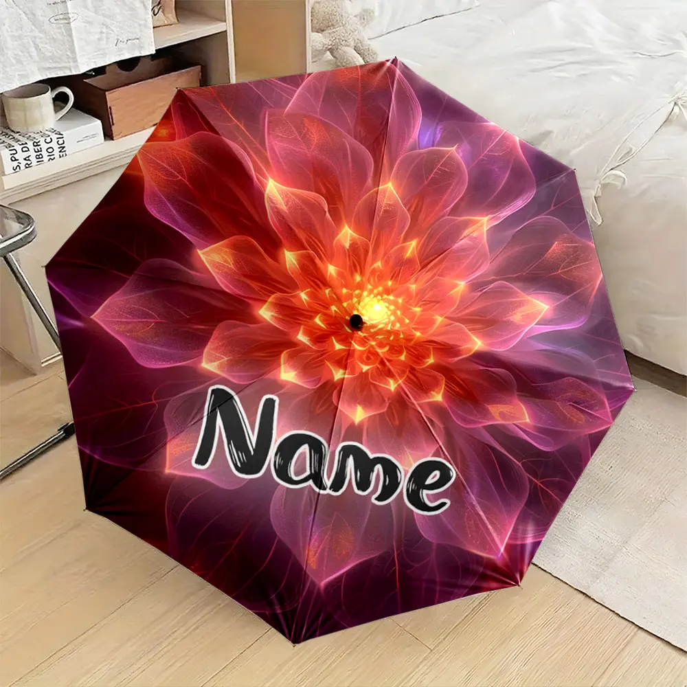 Custom Name Umbrella, Vibrant Flower Design Umbrella with Text Style Folding Umbrella for Sunny and Rainy,Gift