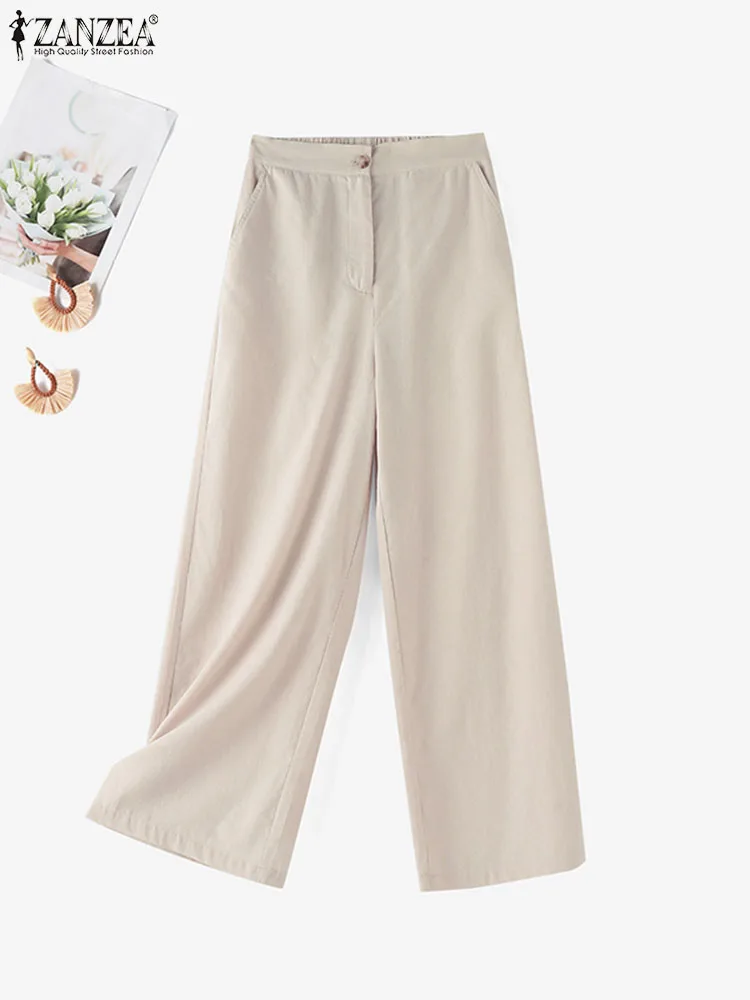 ZANZEA-pantalones de pierna ancha para mujer, pantalón Vintage de algodón liso con cintura elástica, ropa de calle de trabajo informal a la moda, Palazzo, Verano