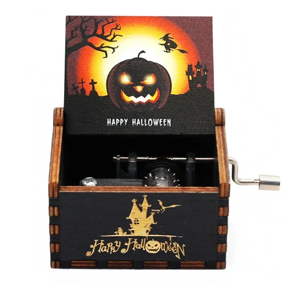 

Antique carved Wooden Hand Crank Happy Halloween Music Box Halloween Decor Christmas Birthday Gift