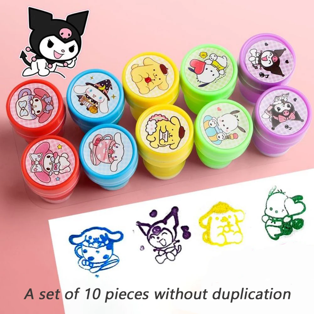 10Pcs/Set Kawaii Anime Self-ink Stamps Cute Kuromi Melody Pompompurin Face Seal DIY Painting Photo Album Stamp Kids Toys Gift