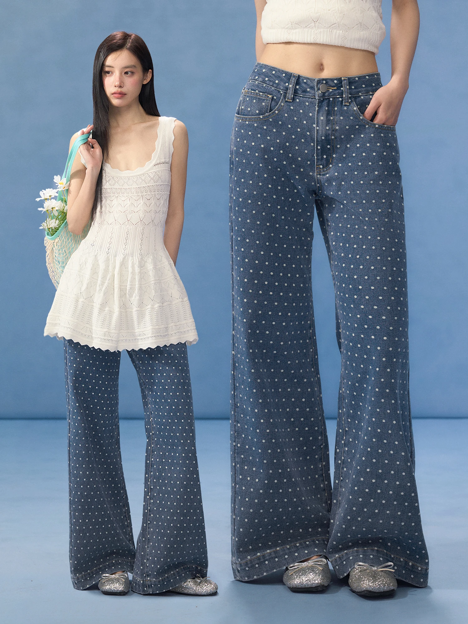 

High Waist Polka Dot Wide Leg Straight Cut Jeans Women's Loose Slimming Long Pants Floor Length Trousers Casual Spring Jeans