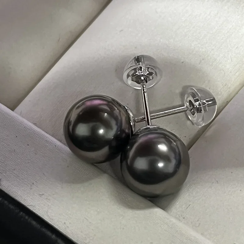 Tahitian Seawater Black Pearl Stud Earrings 9-10mm Round Strong Light Flawless Women's Light Luxury Earrings