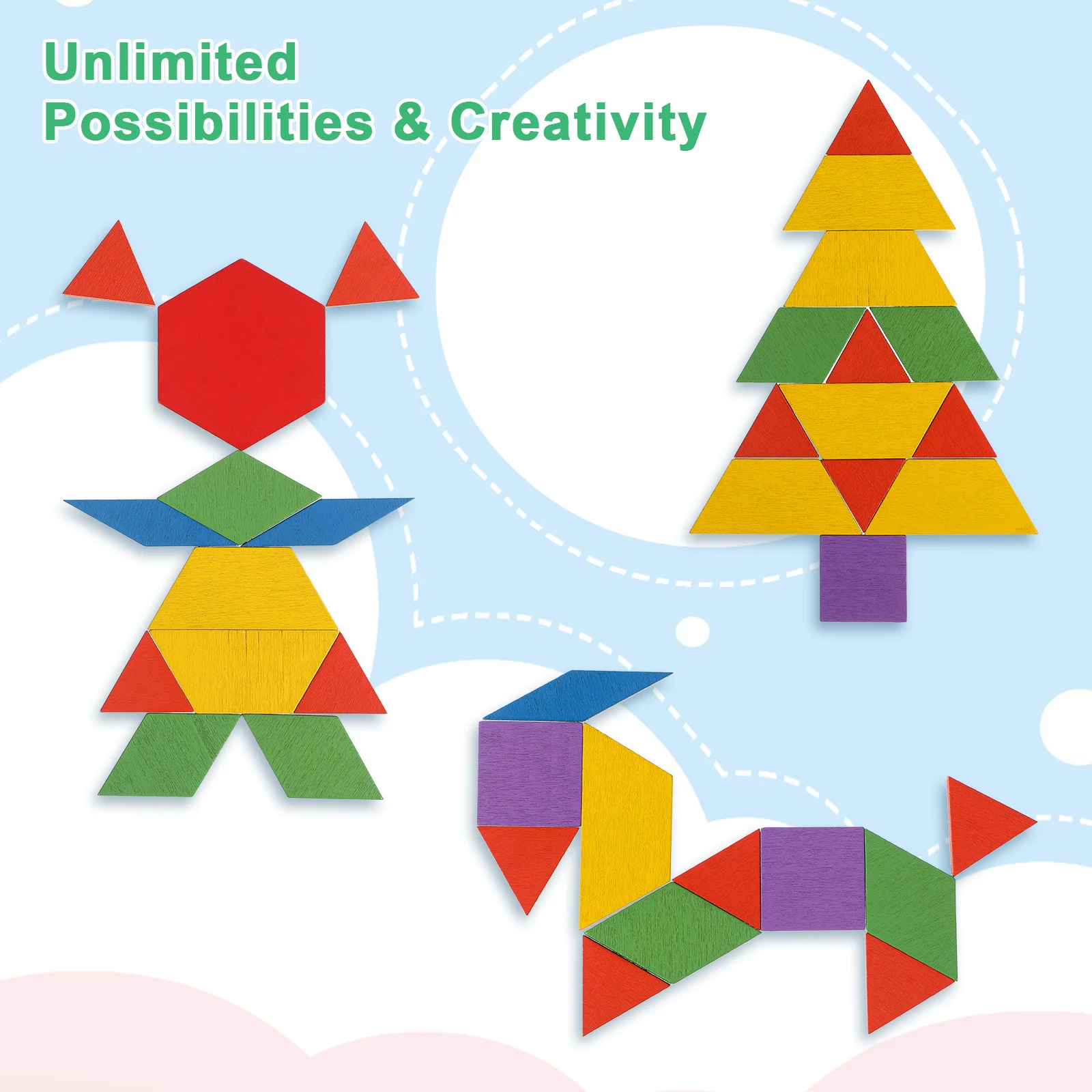 155 pcs Pattern Blocks Wooden Puzzle Tangrams Geometric Shapes Learning For Kids Wood Blocks Preschool Educational Activities