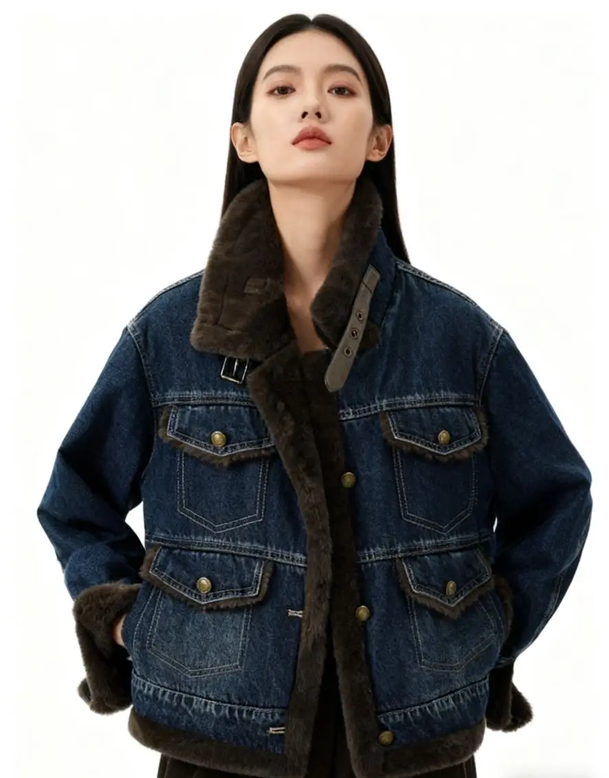 

Джинсовое пальто с настоящей овечьей лампой, зимние меховые плюшевые женские куртки стандартного кроя для милых девушек, быстросохнущие стеганые куртки с капюшоном для городского отдыха