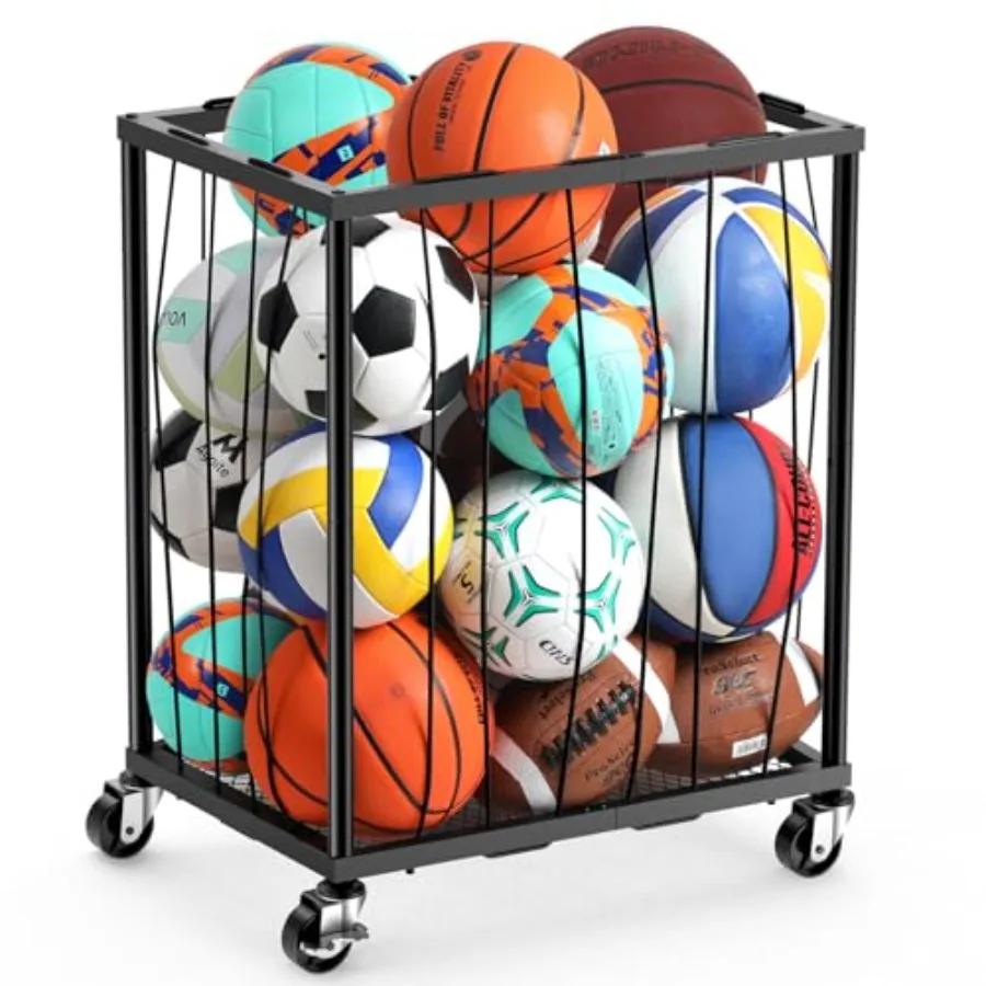 

TomCare Garage Ball Rolling Storage Rack Large Capacity Basketball Holder with Elastic Rope [Hold 12-15 Balls][Easy to Take] Ga