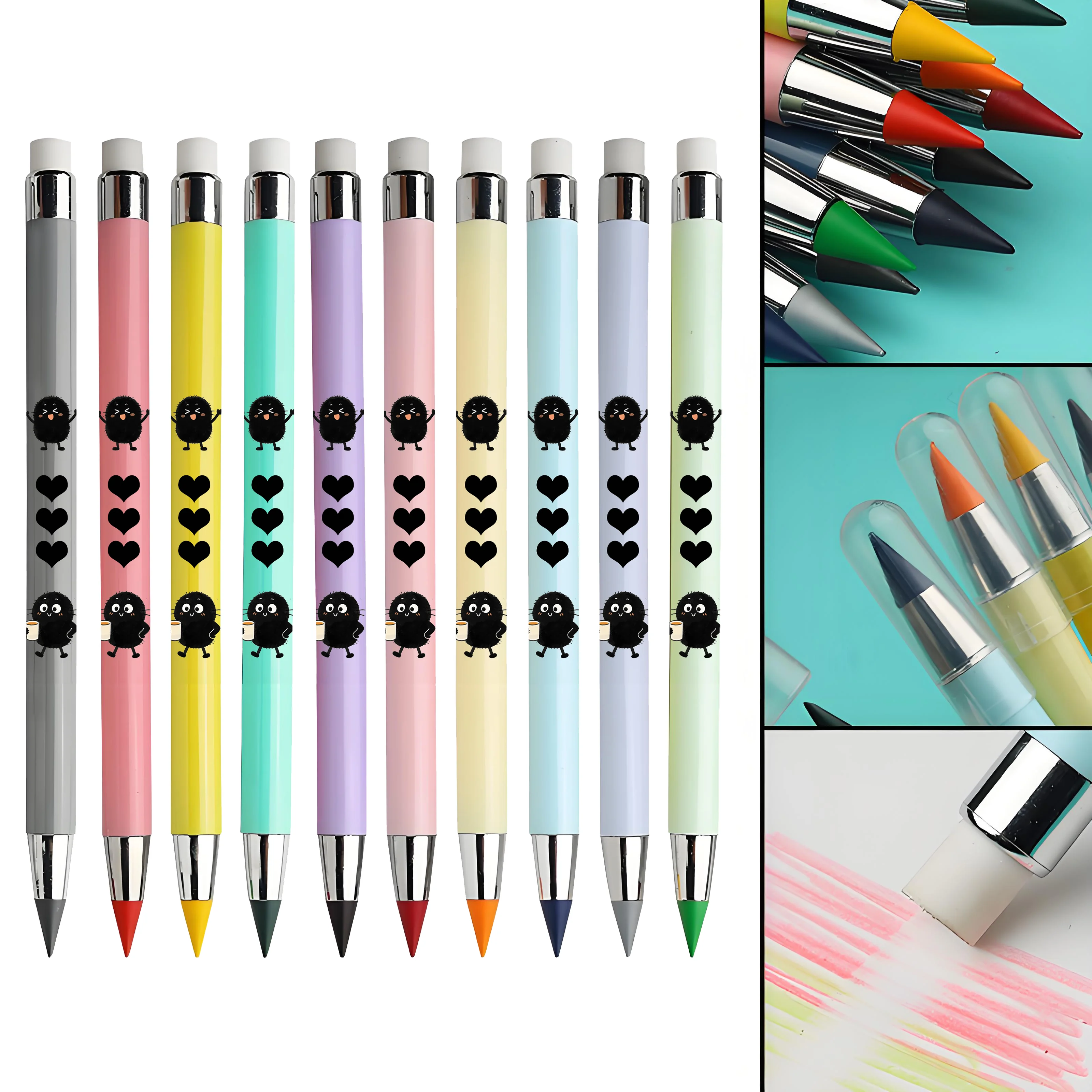 

12 шт., креативный маленький черный шарик с тематическим узором, вечный карандаш цвета макарон, не легко сломать, студенческий рисунок, цветной свинец.