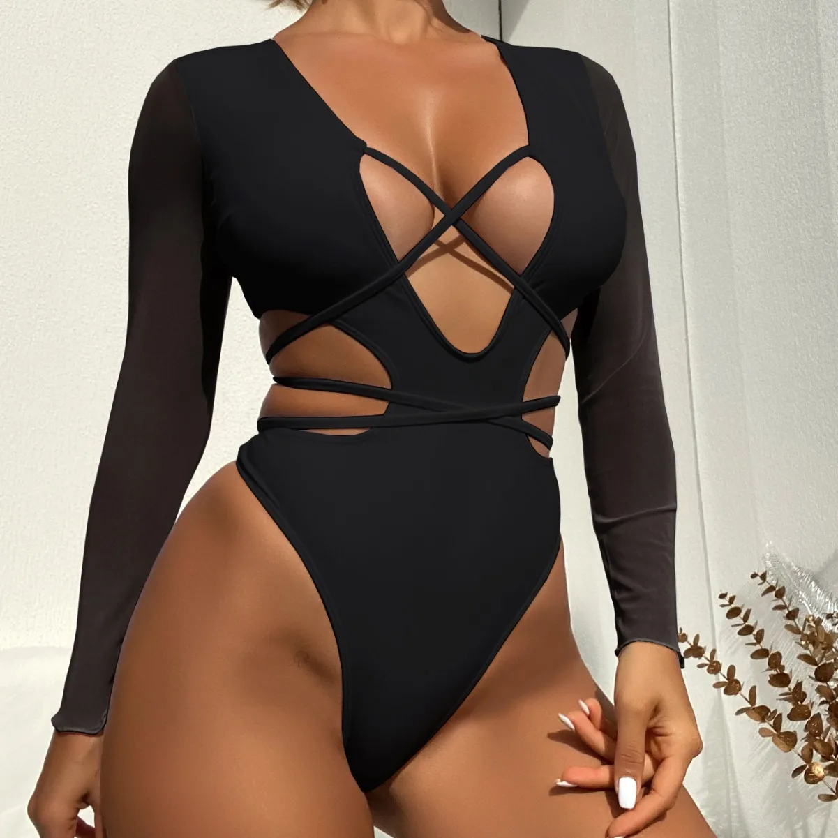 

Long Sleeves Black One Piece Swimsuit Women Sexy Swimwear Solid Color High Cut Bikini Bathing Suit Summer Beach Wear Monokini