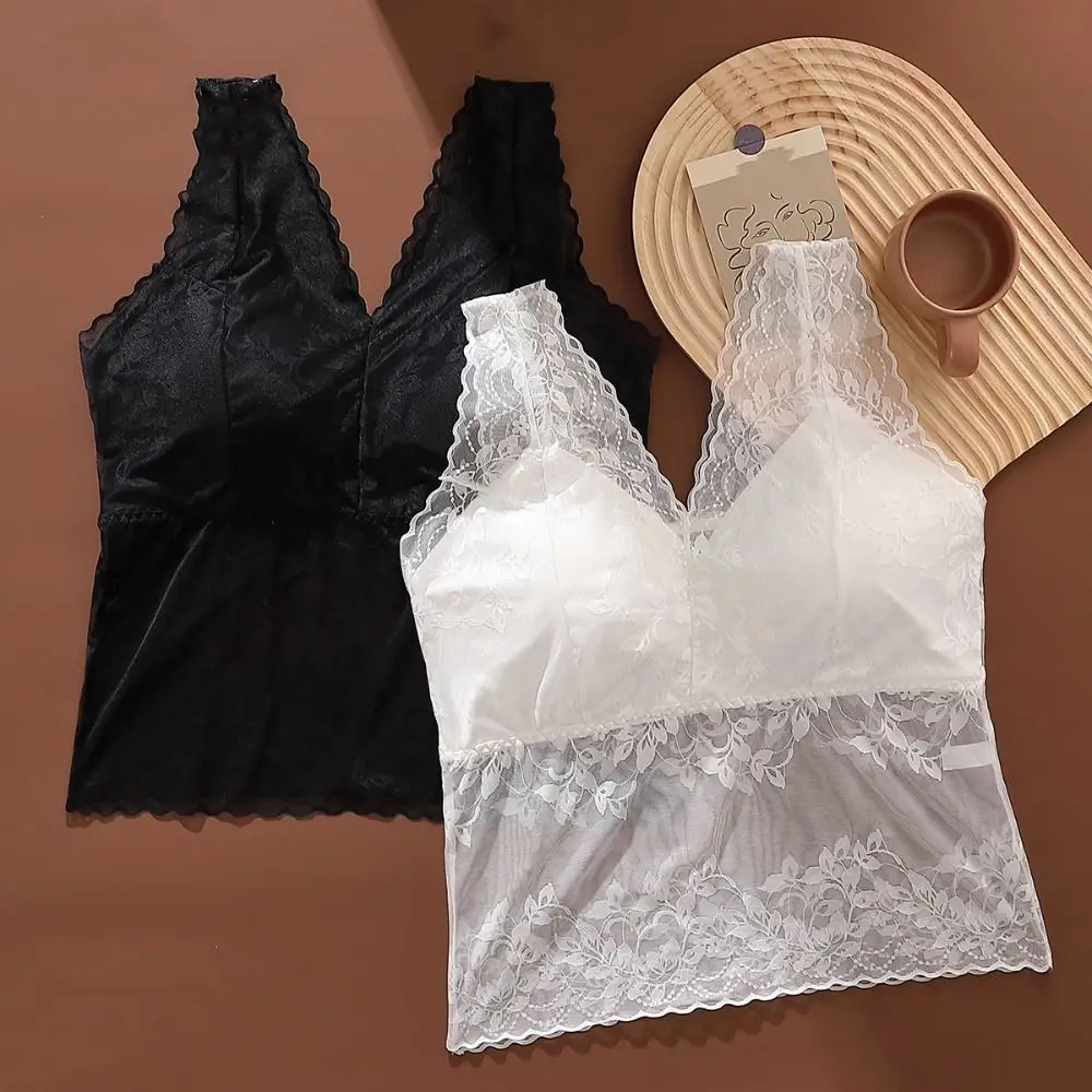 Sweet V Neck Lace Mesh Camisole Transparent Slim Fit Lace Crop Tops Thin Cami Vest with Pads Women