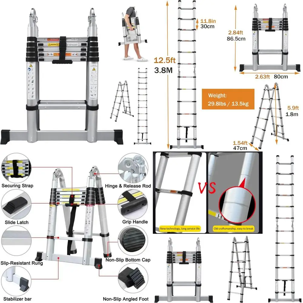سلم قابل للطي بإطار على شكل حرف A عالي التحمل، سلم تمديد تصغير 12.5 قدم مع 6+6 خطوات، متعدد الأغراض للاستخدام في الهواء الطلق و #1
