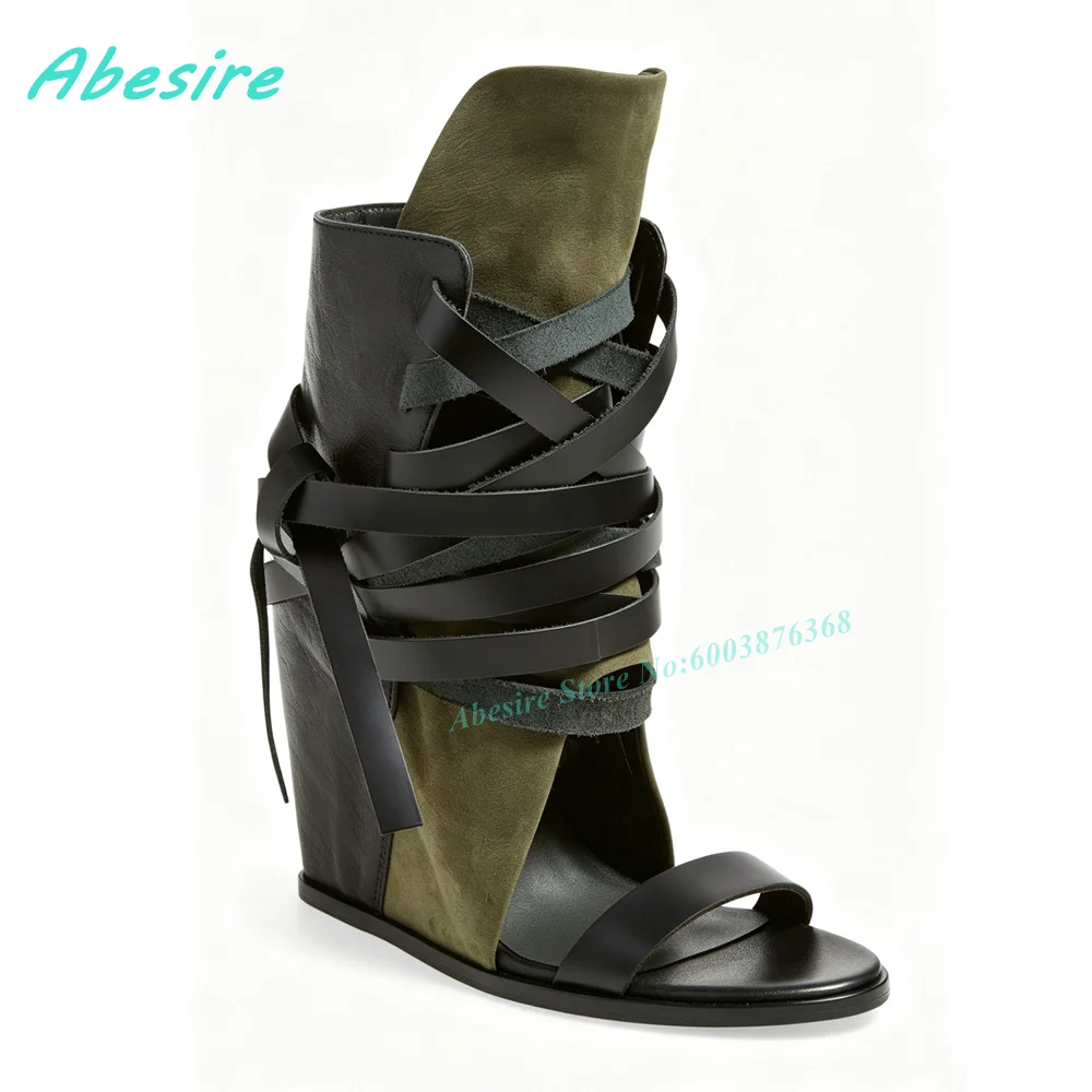 Two-Tone Olive Suede Lace-Up Sandal Boots Wedges Heels Cross-Tied Peep Toe Women's Sandals Retro Street-Style Western Shoes
