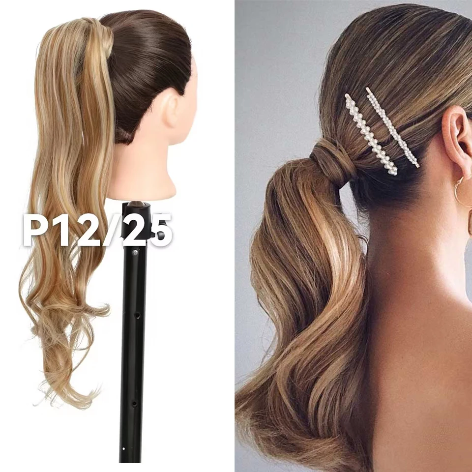 32 Inch Blonde PonyTail Hair Extension Flexible Wrap Around Synthetic Long Curl Wavy Pony Tail Fake Wig Hairpiece for Women