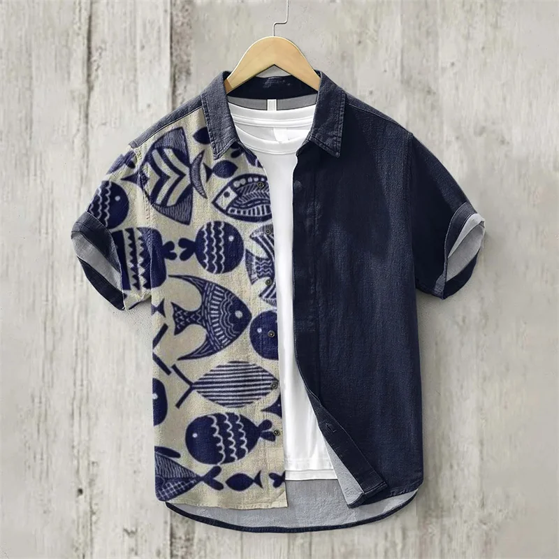 New men's summer Henry short-sleeved T-shirt Retro fashion casual T-shirt Cross-border men's button-down lapel Japanese art prin