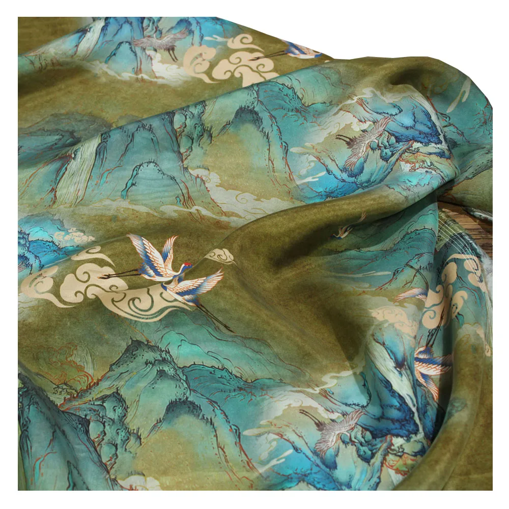 

High-End Silk Printing and Dyeing Colorful Cloth Crane Feishan Design Half-Length Dress Robe Clothing Fabric