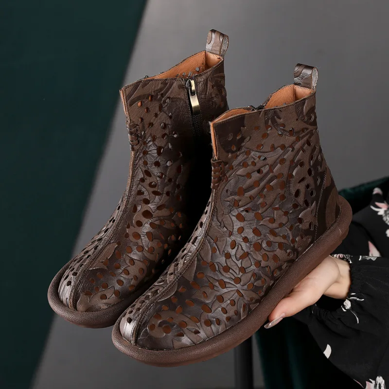 

Весенне-летняя женская обувь из тисненой воловьей кожи, повседневные туфли на плоской подошве с боковой молнией, сандалии с лазерной перфорацией