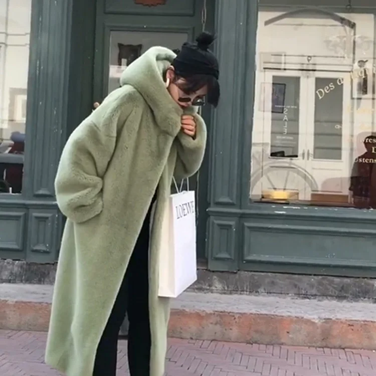 Autumn Winter Maxi Coat Long Warm Luxury Belt Fur Parkas Bontjas Furry Outerwear Thick Faux Fur Jacket Women Hooded Colorblock