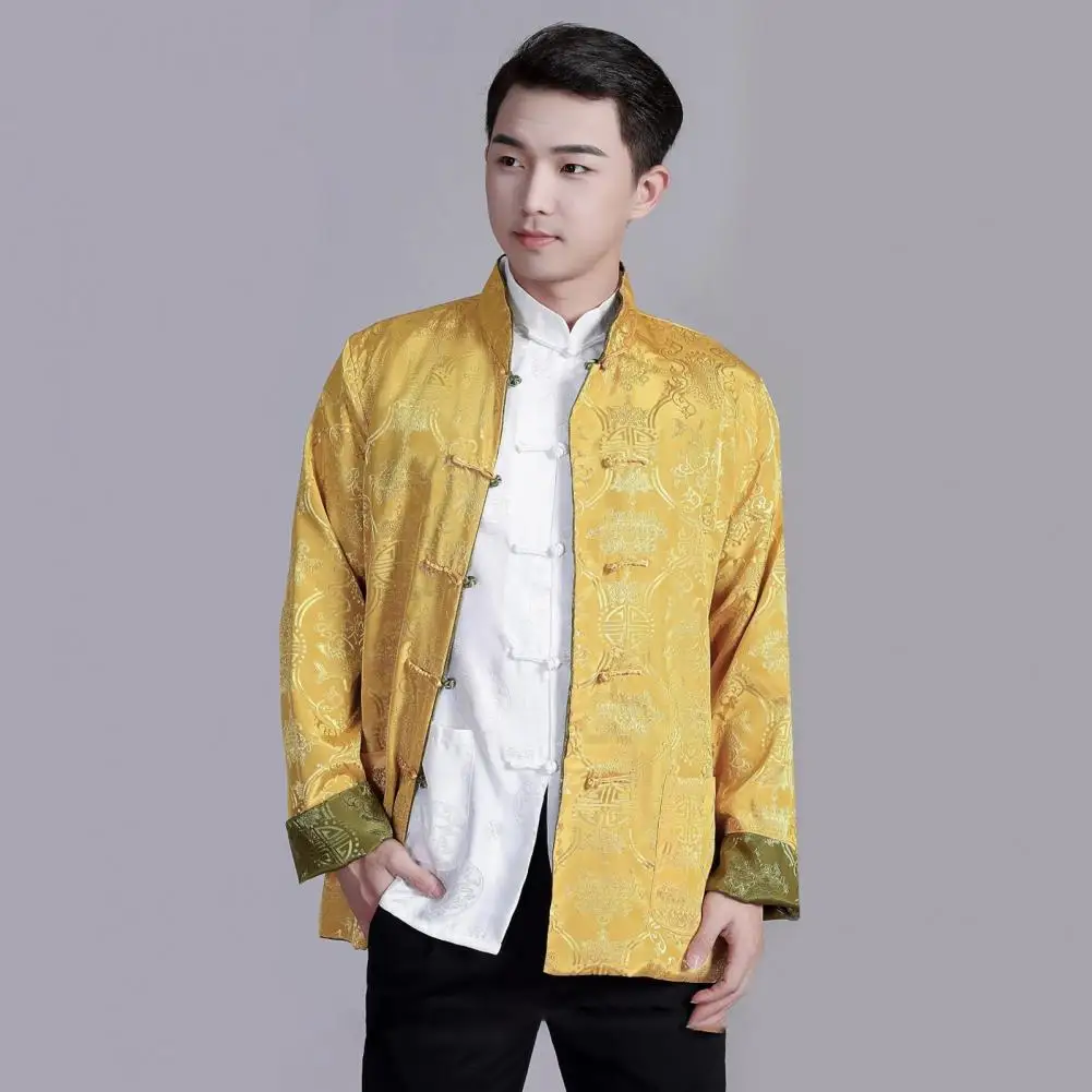 Men Chinese Style Shirt Chinese Style Men's Tang Suit Stand-up Collar Shirt Reversible Satin Top with Auspicious Print for Wear