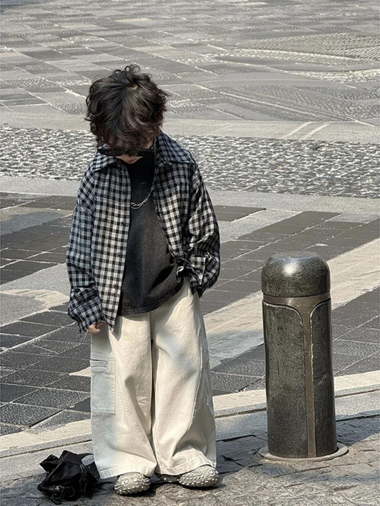 男の子用シンプルサマーコーデ　チェック柄シャツ半袖カジュアルパンツ　3点セット　韓国風春秋キッズウェア
