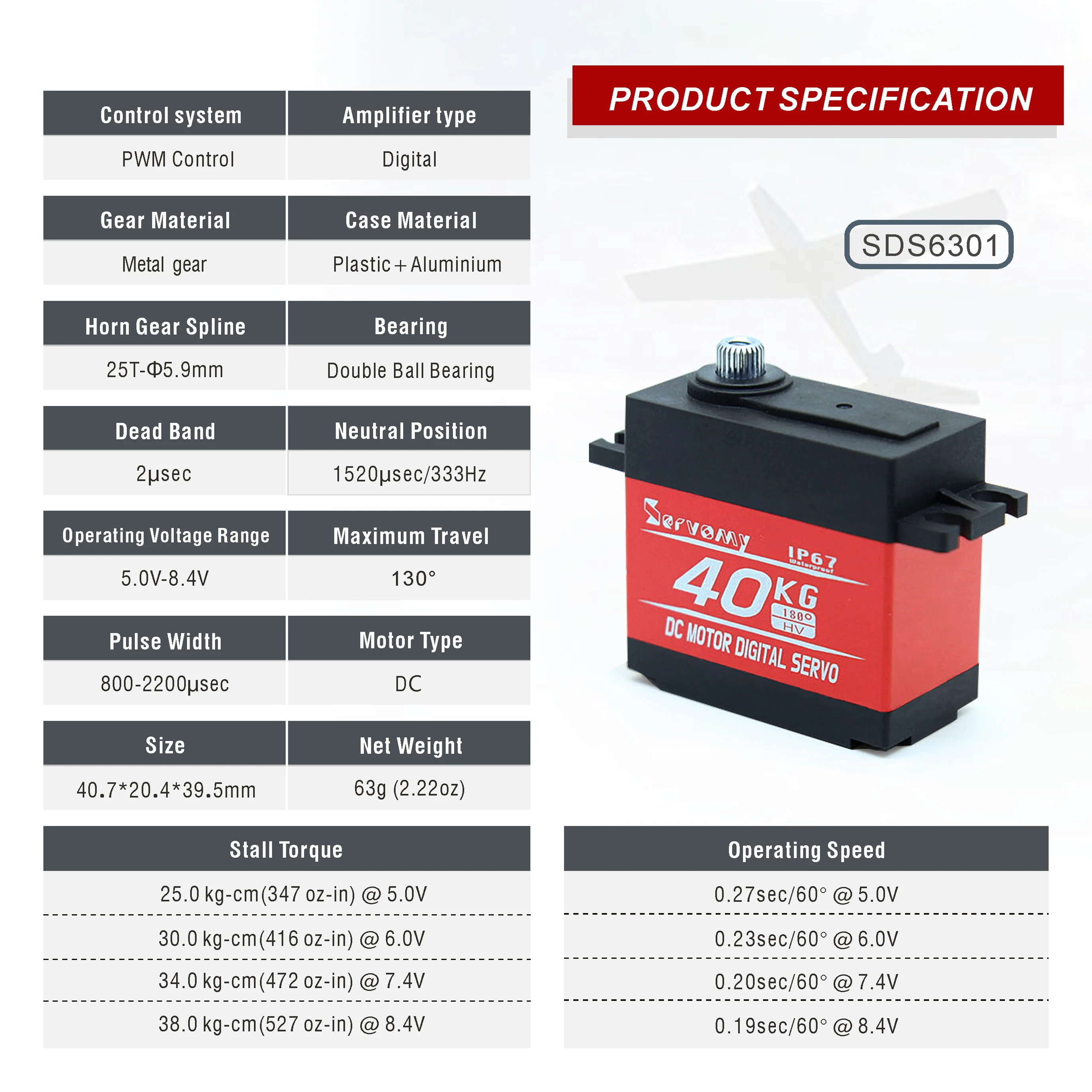 SERVOMY SDS6301 40KG 8.4V デジタルサーボ IP67 防水メタルギア＆アーム 180 °   MG996R RC カーロボット用 RC サーボモーター交換品