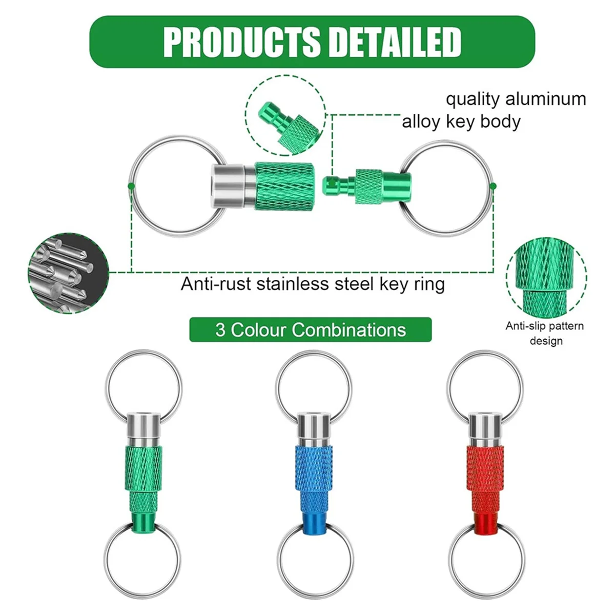 New 3pcs Quick Release Detachable Keychain, Double Rings Pull Apart Keychain, Spring Split Snap Seperate Keychain