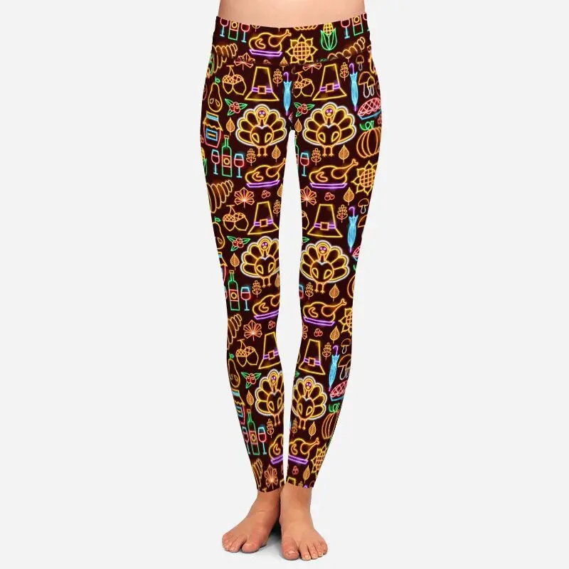 Letsfind 3d ação de graças turquia imprimir leggings cintura alta elástico workout leggings moda casual calças femininas