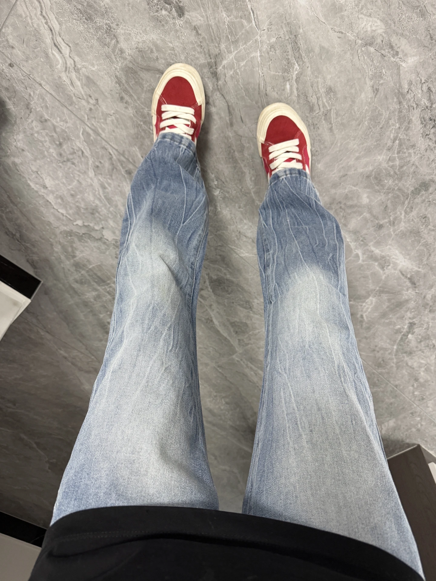 

Washed Blue Jeans Men's High Street Straight Leg Thunder Patterned Cuffed Denim Pants Youthful Wear Resistant Stretch Cotton