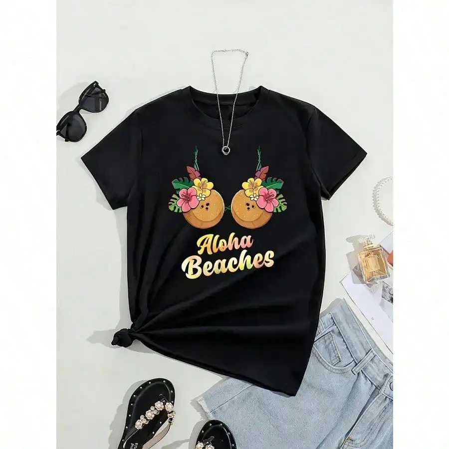 تي شيرت حفلة الشاطئ |   طباعة ألوها النسائية - رقبة دائرية من القطن سريعة الجفاف للسفر وكاجوال جلام، قابلة للتمدد