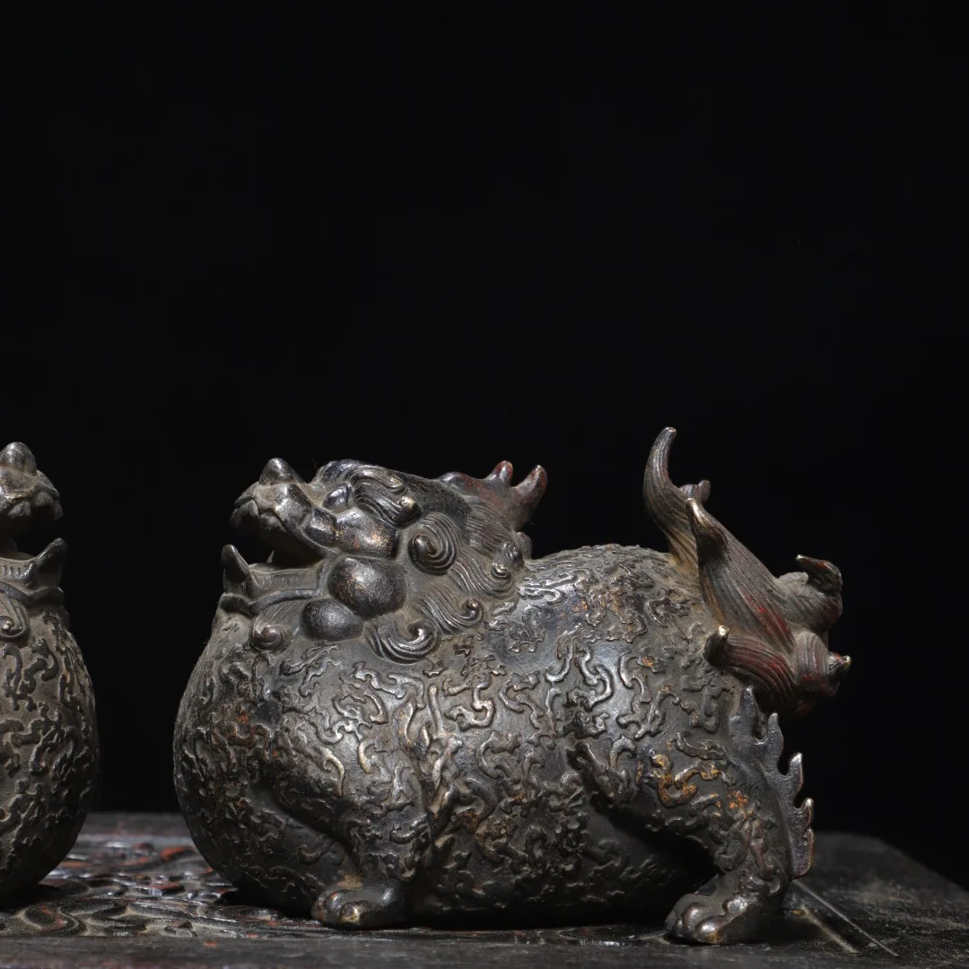 Old Bronze Cinnabar Mud gold Kirin Statue unicorn Fat beast a pair Amass wealth Ornaments Town house