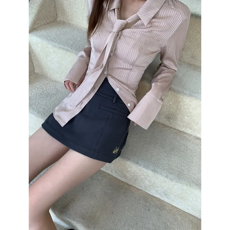 QWEEK Elegant Striped Pink Shirt Korean Style Gyaru Long Sleeve Woman Blouse Tunic Luxury Youthful Office Slim Clothes Autumn