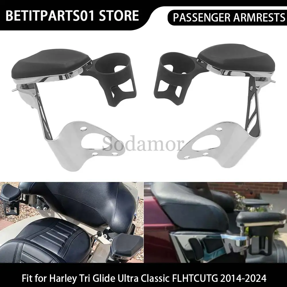 Motorcycle 1 Pair Passenger Armrests with Drink Holder For Harley Touring Electra Glide, Road Glide Ultra and Tri Glides 2014-Up