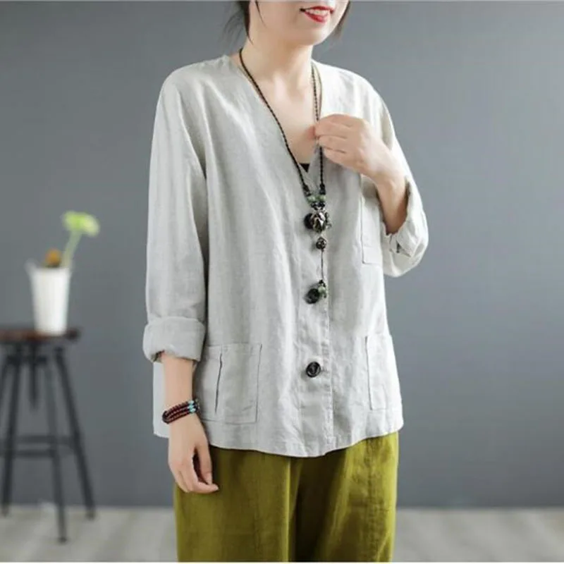 2024 Cotton And Linen Jacket For Women Solid Thin Sun Protection Jacket Chinese Style Literary V-Neck Long Sleeved Cardigan Top